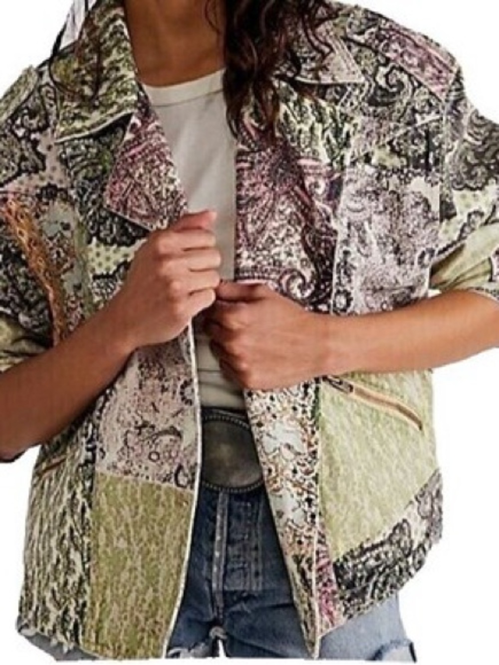 Free People Nadia Moto Jacket Oversized XS Patchwork Paisley Floral Cotton Boho